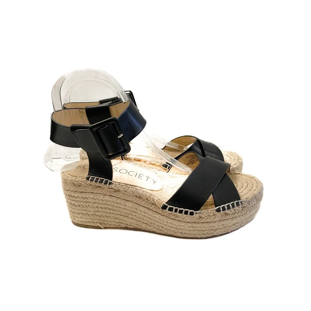 SOLE SOCIETY Audrina Black Leather Espadrille Platform Strappy Sandal Size 7.5